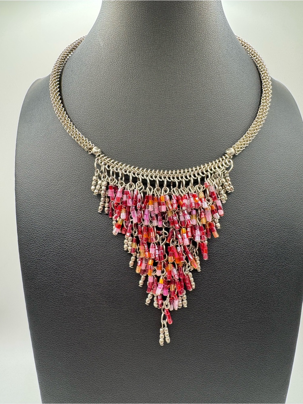 Silver-Tone Fringe Bib Necklace with Red Glass Beads